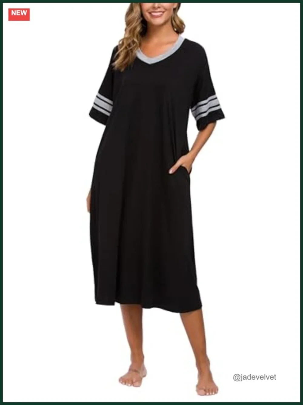 Full Length Nightgown V Neck Knit Soft with Pockets S-XXL
